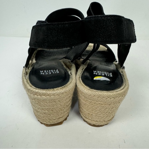Eileen Fisher Black Open Toe Espadrille Wedge with Velcro Closure Minimalist - Picture 3 of 7